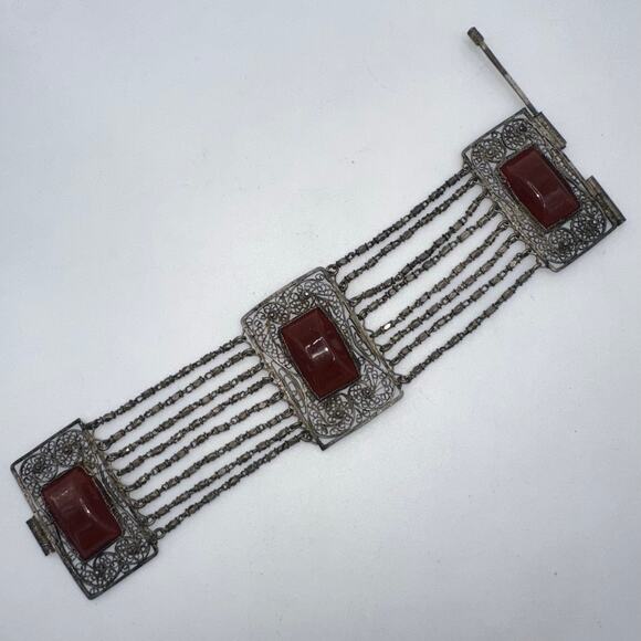 Antique Ottoman Turkish 800 silver handmade filigree carnelian glass bracelet - Picture 3 of 10